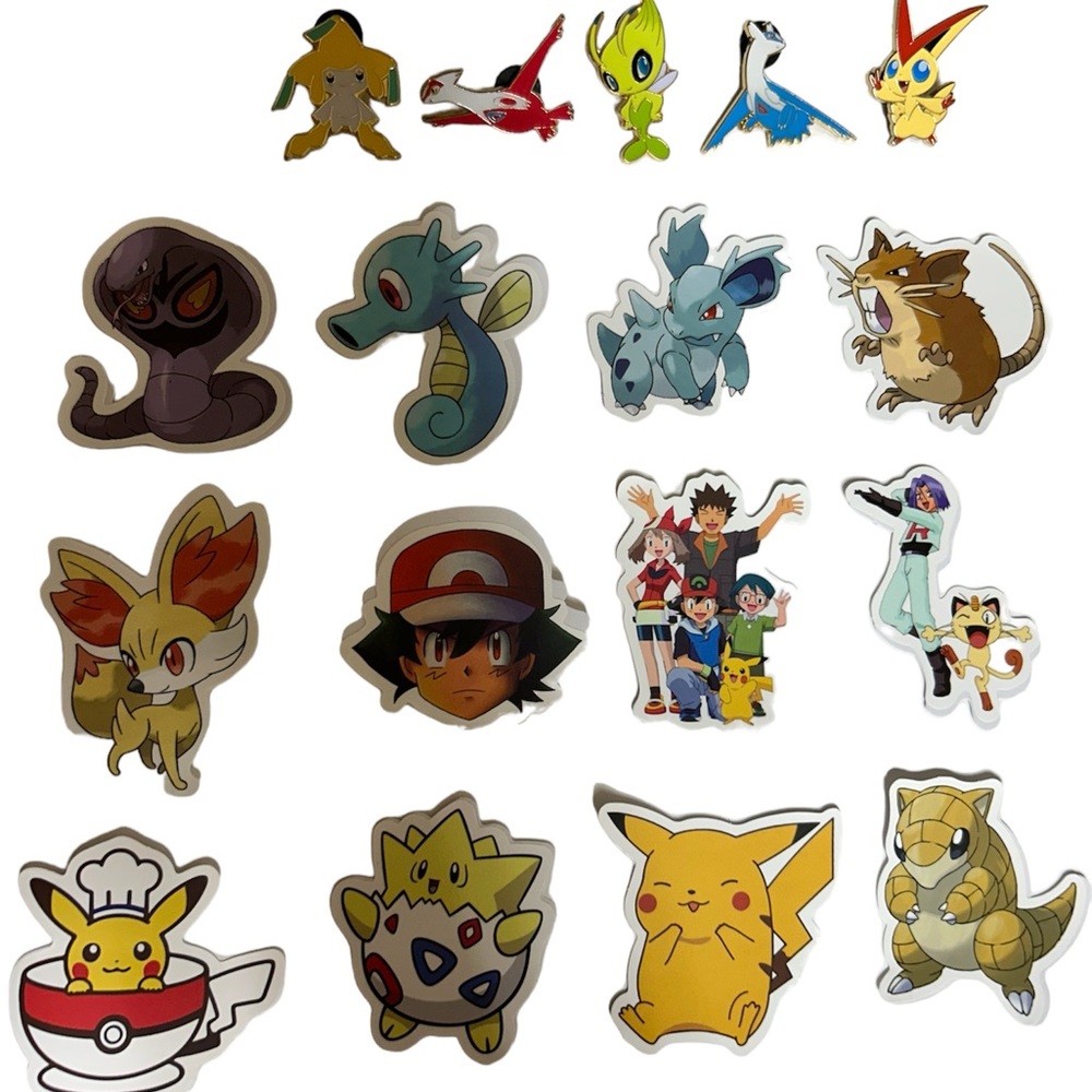 Pokemon (5 Official Pins) + 12 Pokemon Stickers